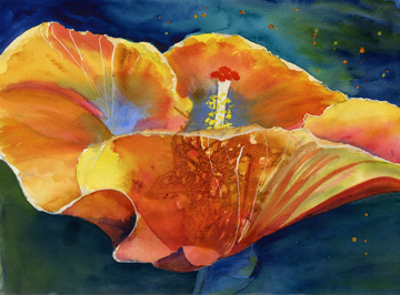 Abstract painting, mostly white and creat with yellow and blue streaks